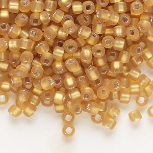 Seed bead, Dyna-Mites™, glass, silver-lined translucent matte gold, #6 round with square hole. Sold per 40-gram pkg.