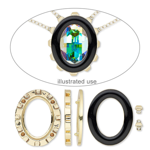 Mount, Miracle Mount™, enamel and gold-finished "pewter" (zinc-based alloy), black, 39x32mm oval with 30x22mm oval setting. Sold per 18-piece set. image number 0