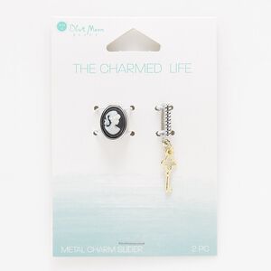 Slide mix, enamel / gold- / silver- / antique silver-finished "pewter" (zinc-based alloy) / steel, matte black and white, 13x10mm oval with cameo and 32x6mm rectangle with key and 10x2mm hole. Sold per pkg of 2.