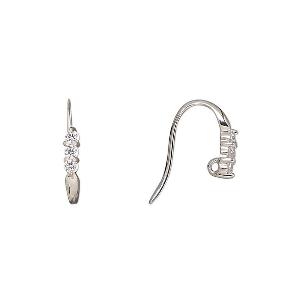 Ear wire, cubic zirconia and rhodium-plated sterling silver, clear, 11mm fishhook with closed hidden loop, 17 gauge. Sold per pair. image number 0