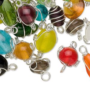 Link mix, glass and silver-finished "pewter" (zinc-based alloy), mixed opaque and translucent colors, 7x4mm-16x3mm wire-wrapped mixed shapes. Sold per 100-gram pkg, approximately 50-75 links.