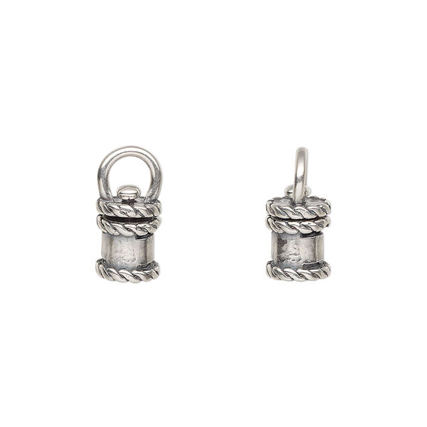 Crimp end, JBB Findings, antique silver-plated brass, 10x6.5mm tube with swivel, loop and rope trim design, 4mm inside diameter. Sold per pkg of 2. image number 0