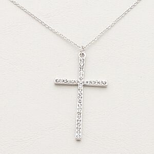 Necklace, Czech glass rhinestone / imitation rhodium-plated steel / brass / "pewter" (zinc-based alloy), clear, 36x22mm cross, 16 inches with 2-inch extender chain and lobster claw clasp. Sold individually.