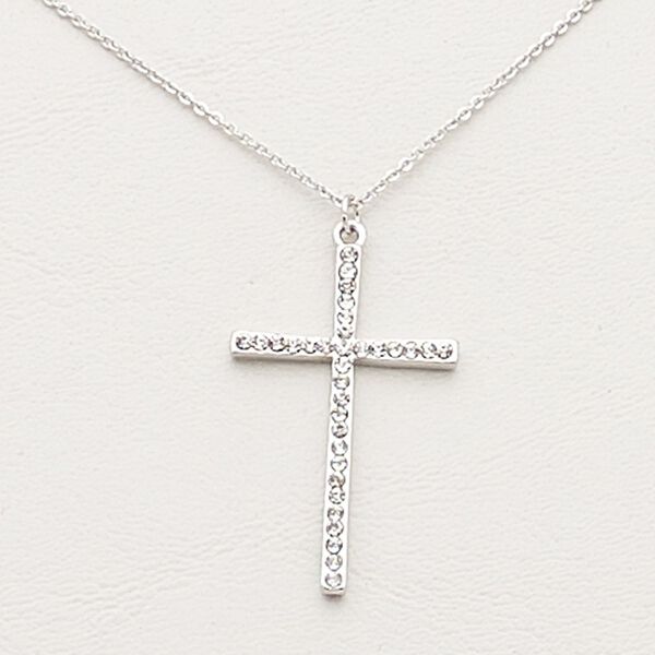 Necklace, Czech glass rhinestone / imitation rhodium-plated steel / brass / "pewter" (zinc-based alloy), clear, 36x22mm cross, 16 inches with 2-inch extender chain and lobster claw clasp. Sold individually. image number 0