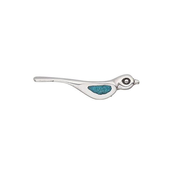 Bead, turquoise (dyed / stabilized) and antiqued sterling silver, blue, 26.5x6mm bird. Sold individually. image number 0