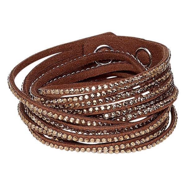 Bracelet, 6-strand wrap, acrylic rhinestone / faux suede / imitation rhodium-plated brass, light brown and clear, 19mm wide, adjustable at 6 and 6-1/2 inches with snap closure. Sold individually. image number 0