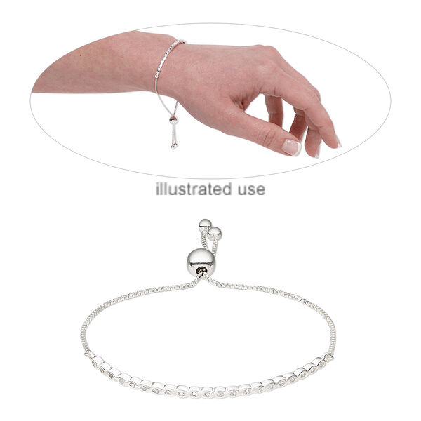 Bracelet, Create Compliments®, sterling silver / cubic zirconia / silicone, clear, 3mm wide, adjustable from 6 to 8 -1/2 inches with 8mm adjustable slider bead. Sold individually. image number 0