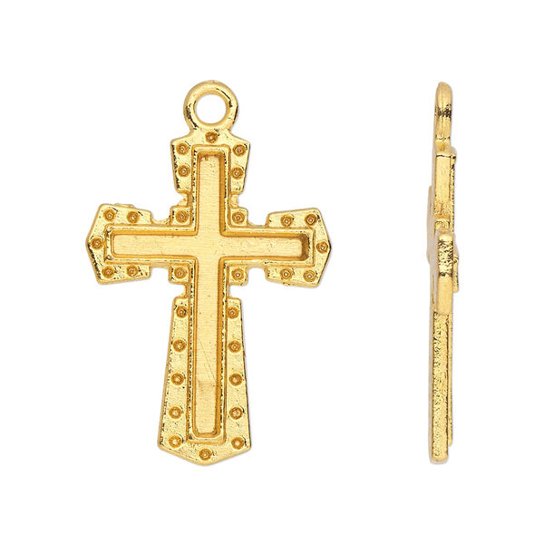 Drop, gold-finished "pewter" (zinc-based alloy), 28x20mm single-sided cross. Sold per pkg of 10. image number 0