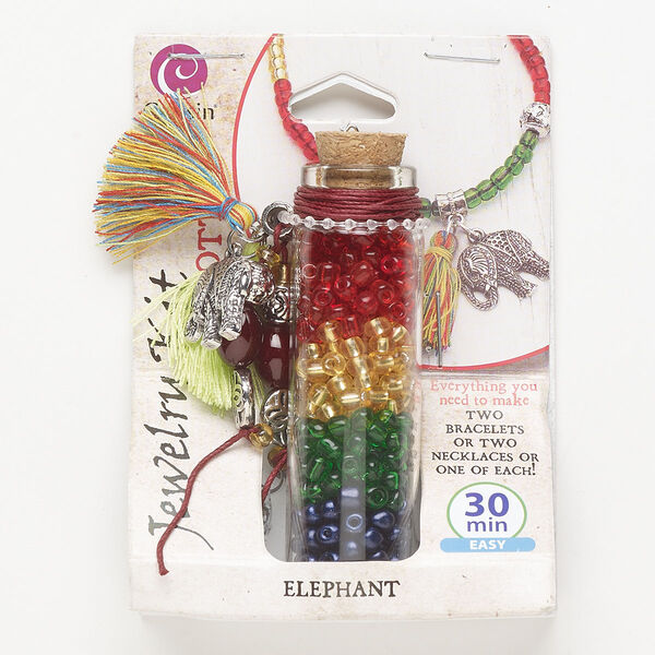 Necklace or bracelet kit, glass / steel / antique silver-finished "pewter" (zinc-based alloy) / cork / cotton, mixed colors, elephant theme. Sold per set. image number 0