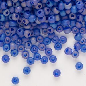 Seed bead, glass, pkg/50g, #6 round, translucent rainbow matte blue.