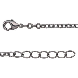 Chain, gunmetal-plated brass, 2.5mm cable, 18 inches with 1-1/4 inch extender chain and lobster claw clasp. Sold per pkg of 4.