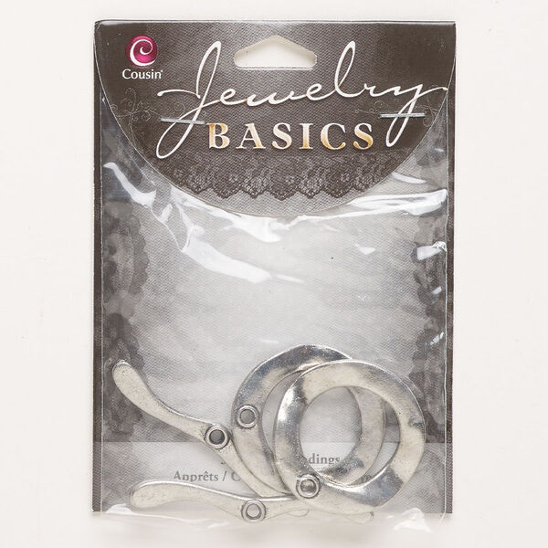 Clasp, toggle, "pewter" (zinc-based alloy), pkg/2, antique silver finish, 30mm wavy round. image number 0