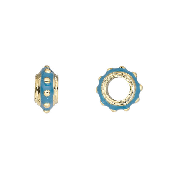 Bead, Dione®, gold-finished "pewter" (zinc-based alloy) and enamel, blue, 12x6mm beaded rondelle with 5mm hole. Sold individually. image number 0
