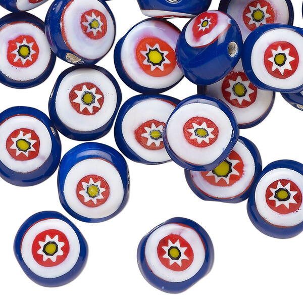 Bead, glass, opaque multicolored, 10mm puffed flat round with flower design. Sold per 2-ounce pkg, approximately 50 beads. image number 0