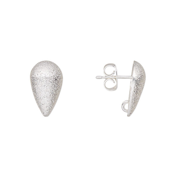 Earstud, silver-plated brass, 14x8.5mm half-dome stardust teardrop with hidden open loop. Sold per pkg of 5 pairs. image number 0