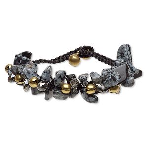 Snowflake obsidian / nylon / glass / steel 1pkg1, luster gold-finished chip / bell bracelet natural adjustable 7-7.5 inch / button clasp
