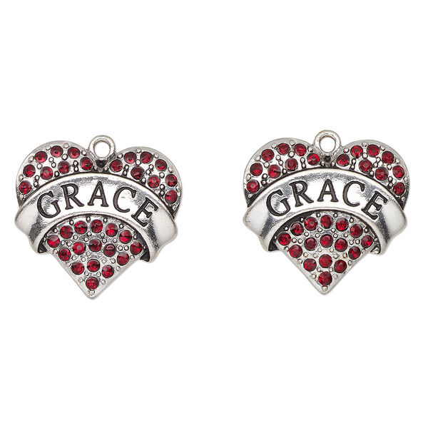 Charm, antique silver finish enamel "pewter" (zinc-based alloy) and glass, red and black, 24x23mm-25x23mm heart with "Grace". Sold per pkg of 2. image number 0