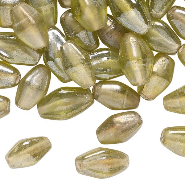 Bead, glass, translucent iridescent light green, 11x8mm-14x9mm double cone. Sold per 2-ounce pkg, approximately 70 beads. image number 0