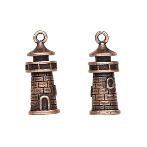 Charm, antique copper-plated pewter (tin-based alloy), 21.5x9mm 3D lighthouse. Sold per pkg of 2.