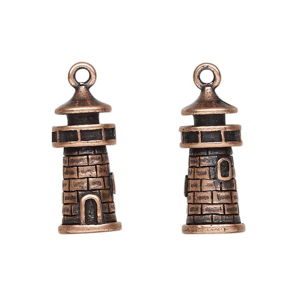 Charm, antique copper-plated pewter (tin-based alloy), 21.5x9mm 3D lighthouse. Sold per pkg of 2. image number 0
