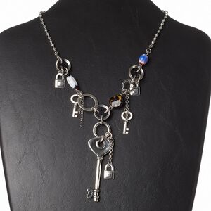 Necklace, glass / resin / silver- / antique silver-plated brass / "pewter" (zinc-based alloy) / steel, multicolored, 64x25mm key, 15 inches with 3-inch extender chain and lobster claw clasp. Sold individually.