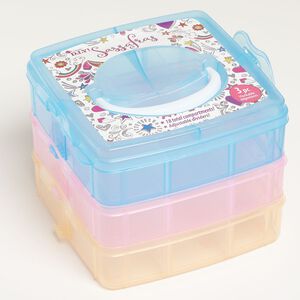 Organizer, plastic, pkg/1, 6-1/4x5x5 inches with 3 stackable lockable trays and 6 compartment in each tray, multicolored.