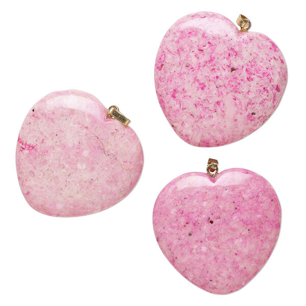 Pendant, Everyday Jewelry, riverstone (dyed) and gold-finished brass, pink, 34-36mm heart. Sold per pkg of 3. image number 0