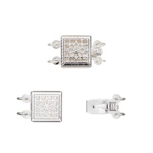 Clasp tab 1pkg2 silver-plated, 9mm filigree square, brass 2-strand