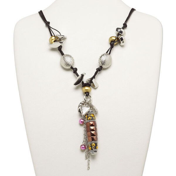 Necklace, acrylic, metallic, 8mm-60x17mm mixed shapes with 3-inch dangle, 23-1/2 inch velveteen and waxed cotton cord with 2-inch steel extender and lobster claw clasp. Sold individually. image number 0