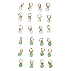 Drop mix, plastic / gold-finished steel / gold-finished brass, milky white and green, 5mm faceted round with 6mm jump ring. Sold per 24-piece set.