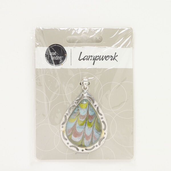 Pendant, silver-finished "pewter" (zinc-based alloy) and lampworked glass, light blue and light green, 44x34mm teardrop with copper-colored and silver-colored glitter. Sold individually. image number 0