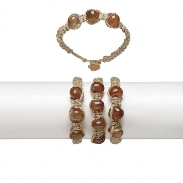 Bracelet, agate (natural) / hemp / resin, brown and orange, small pebble with woven design, 6-1/2 inches with button clasp. Sold per pkg of 3. image number 0