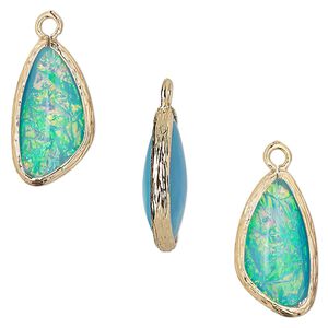 Drop, Opalized Ice™, "opal" (resin) and gold-finished brass, light blue, 19.5x11mm double-sided wing. Sold per pkg of 4.