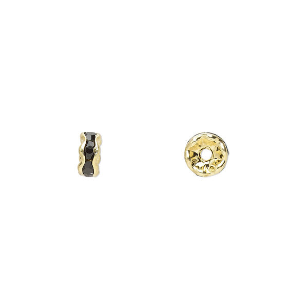 Bead, glass rhinestone and gold-finished brass, black, 5x2mm rondelle. Sold per pkg of 10. image number 0