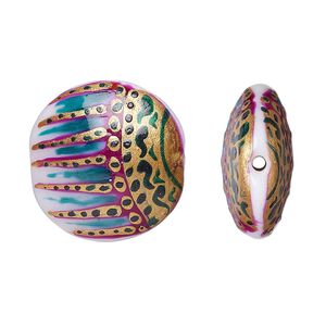Bead, lampworked glass, turquoise blue / gold / multicolored, 22mm double-sided puffed flat round with hand-painted abstract design. Sold per pkg of 2.