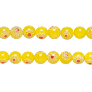 Bead, millefiori glass 1pkg1, translucent yellow / red / white, 6mm round, 15 inches.