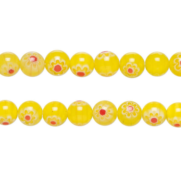 Bead, millefiori glass 1pkg1, translucent yellow / red / white, 6mm round, 15 inches. image number 0