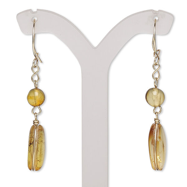 Earring, amber (natural) and 14Kt gold-filled, 45mm with oval and round with curved kidney ear wire. Sold per pair. image number 0
