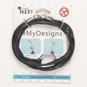 Necklace, "pewter" (zinc-based alloy) / steel / leather, pkg/21 inches, silver finish and black, 23mm open round / lobster claw clasp / 3-inch extender chain.