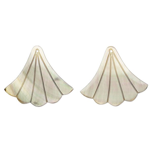 Focal, black lip shell (natural), 33x29mm hand-cut top-drilled single-sided carved fan, Mohs hardness 3-1/2. Sold per pkg of 2. image number 0