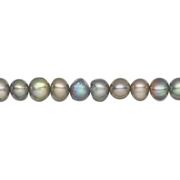 Pearl, cultured freshwater (dyed), gunmetal green, 5-6mm semi-round, C grade, Mohs hardness 2-1/2 to 4. Sold per 15-inch strand. image number 0