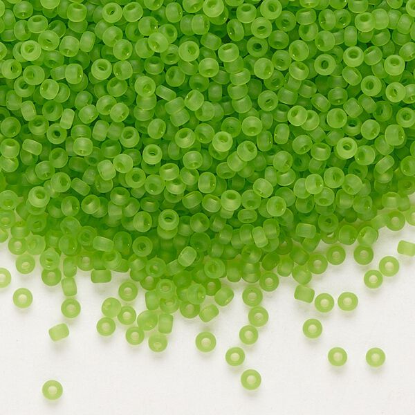 Seed bead, Miyuki, glass, pkg/250g, #11 rocaille, translucent matte lime, (RR-144F). image number 0
