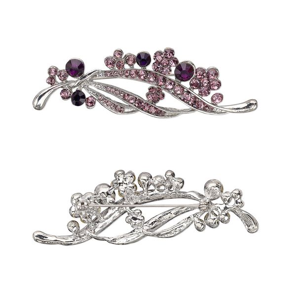 Brooch, glass rhinestone and imitation rhodium-plated "pewter" (zinc-based alloy), dark purple and light purple, 3x1-inch flower. Sold individually. image number 0