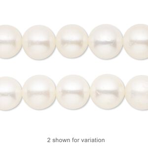 Pearl, cultured freshwater (bleached), white, 9-10mm round, B- grade, Mohs hardness 2-1/2 to 4. Sold per 15-1/2" to 16" strand.