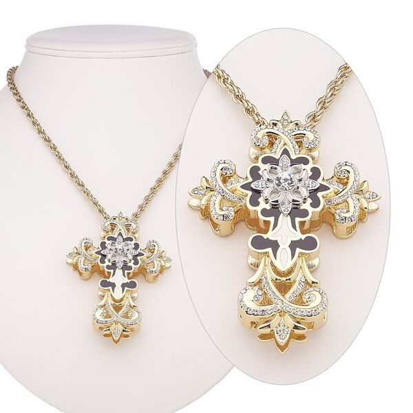 Necklace, Avant-Garde Jewelry Collection, enamel / Czech glass rhinestone / gold-plated steel / "pewter" (zinc-based alloy), black / white / clear, 3 x 2-1/4 inch cross, 30-inch continuous loop. Sold individually. image number 0
