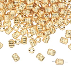 Bead, gold-plated brass, 5x4mm ribbed tube. Sold per pkg of 50.