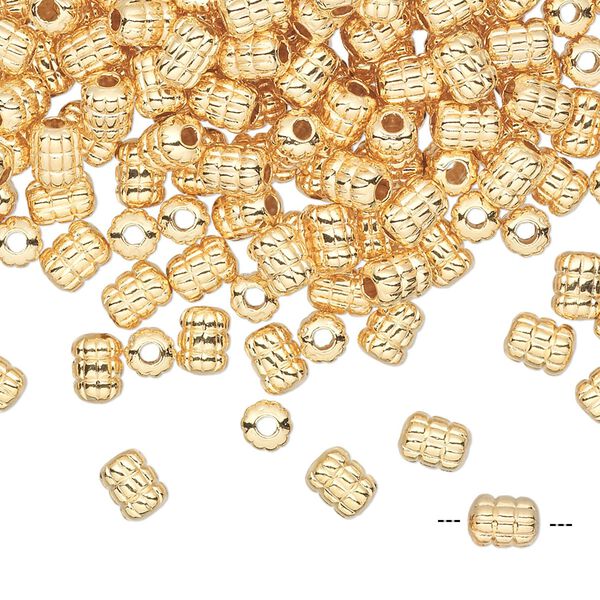 Bead, gold-plated brass, 5x4mm ribbed tube. Sold per pkg of 50. image number 0