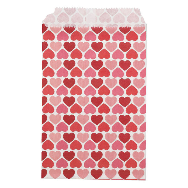 Bag, paper, white / pink / red, 6x4 inches with alternating heart design and scalloped top edge. Sold per pkg of 100. image number 0
