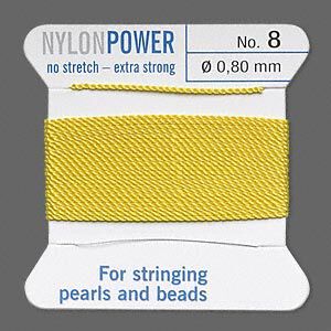 Thread, Griffin, nylon, yellow, size #8. Sold per 2-meter card (approximately 78 inches).