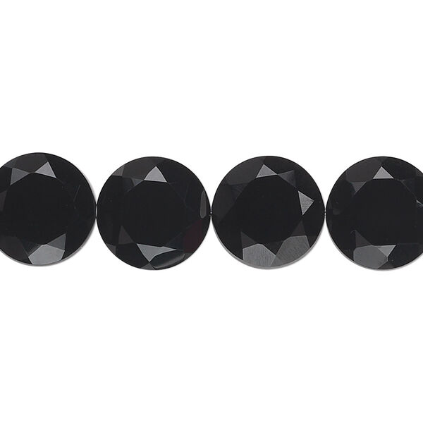 Bead, black onyx (dyed), 12mm hand-cut faceted flat round, B grade, Mohs hardness 6-1/2 to 7. Sold per pkg of 10. image number 0